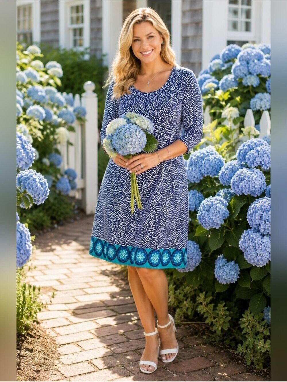 Hatley Navy and Turquoise Printed Border Hem Midi Dress Small Petite